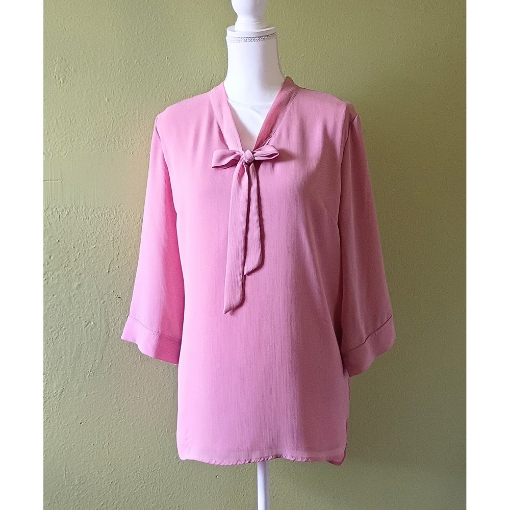 Y2K Glam New England Coastal Tie Neck Sheer Blouse XL 3/4 Sleeve Bow  Work Top